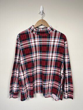 Lands End Shirt Women 3X Red Blue Plaid Mock Turtle Neck 100% Cotton Christmas